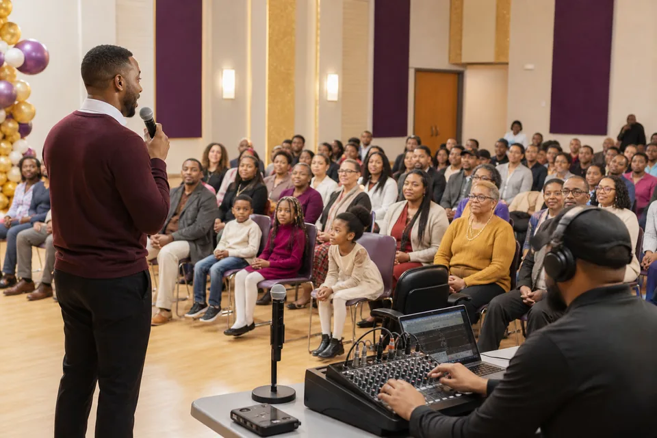 Representative community program with a host, audience, and audio technician