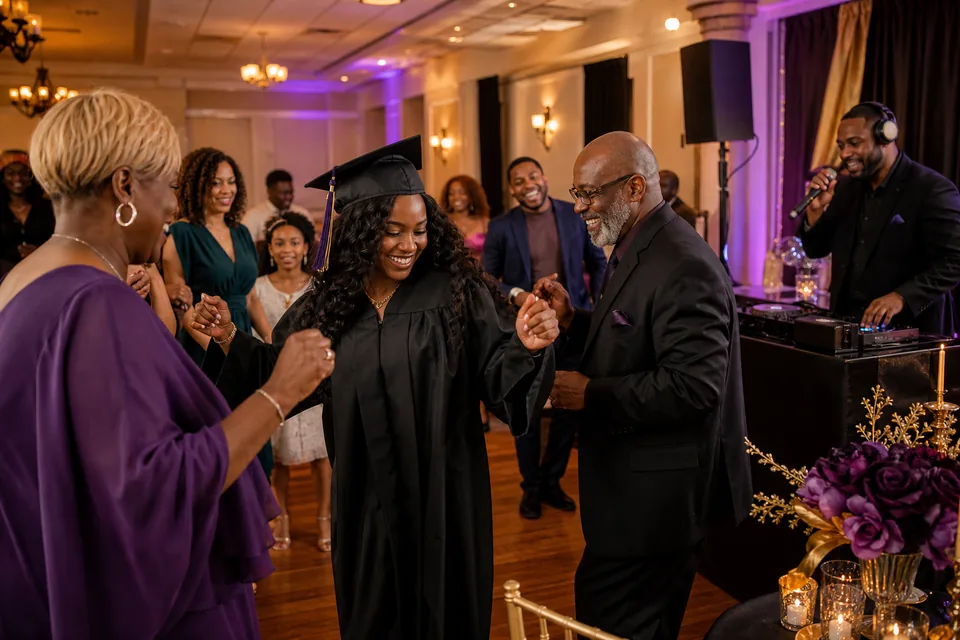 Representative graduation celebration with family, a DJ, and announcements
