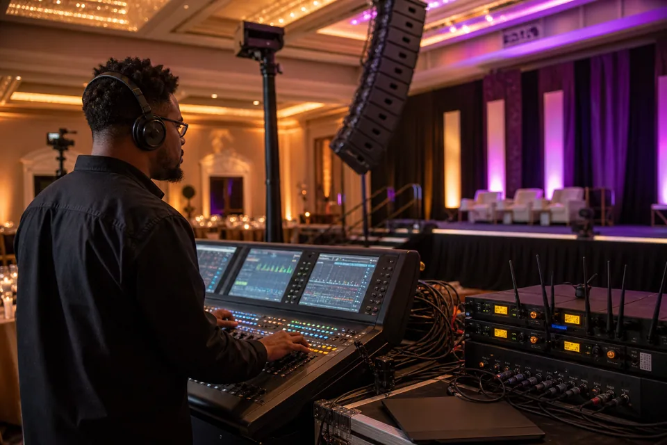 Representative sound engineer operating a digital mixing console