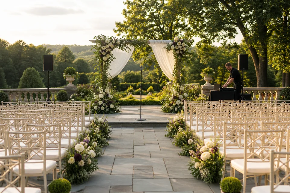 Representative outdoor wedding ceremony with discreet sound equipment