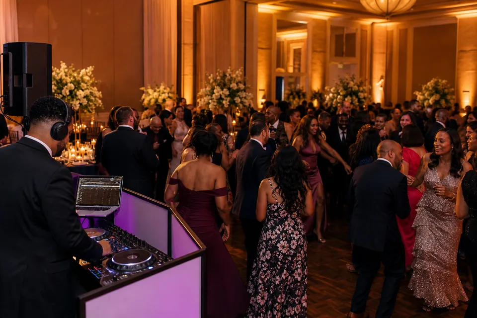 Representative wedding reception with a DJ and guests dancing